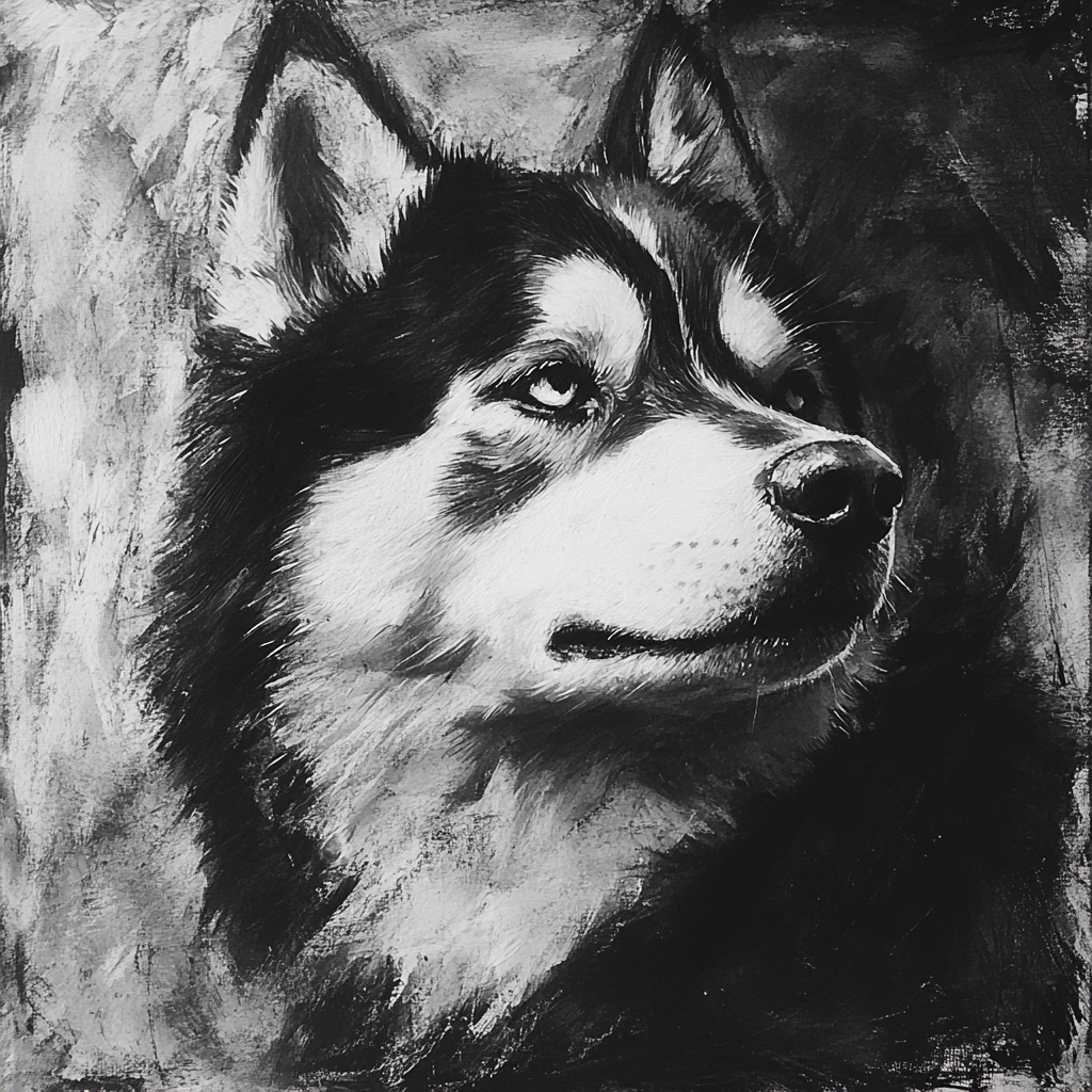 Head portrait of an Alaskan Malamute in black and white.