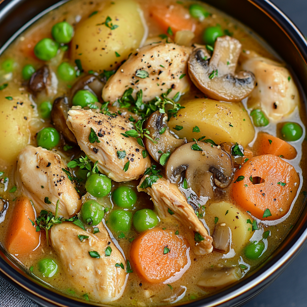 Hearty, creamy chicken stew with potatoes, carrots, peas, mushrooms.