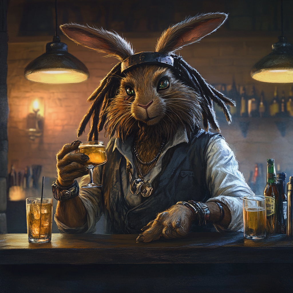 High-energy rabbit-person bartender with dreadlocks entices patrons.