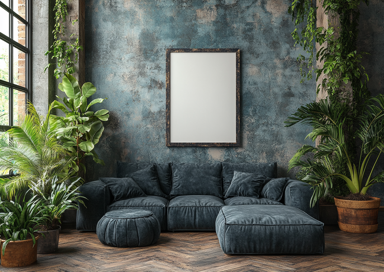 High quality photo of dark sofa, plants, framed board.