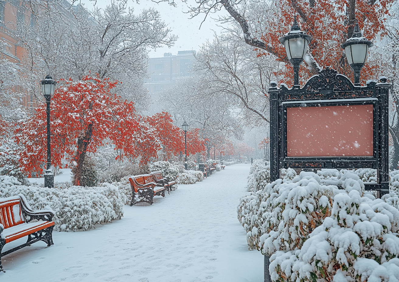 High quality photo of snowy park with flowers.