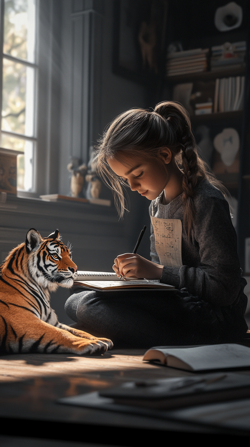 High resolution image of girl studying with tiger companion.