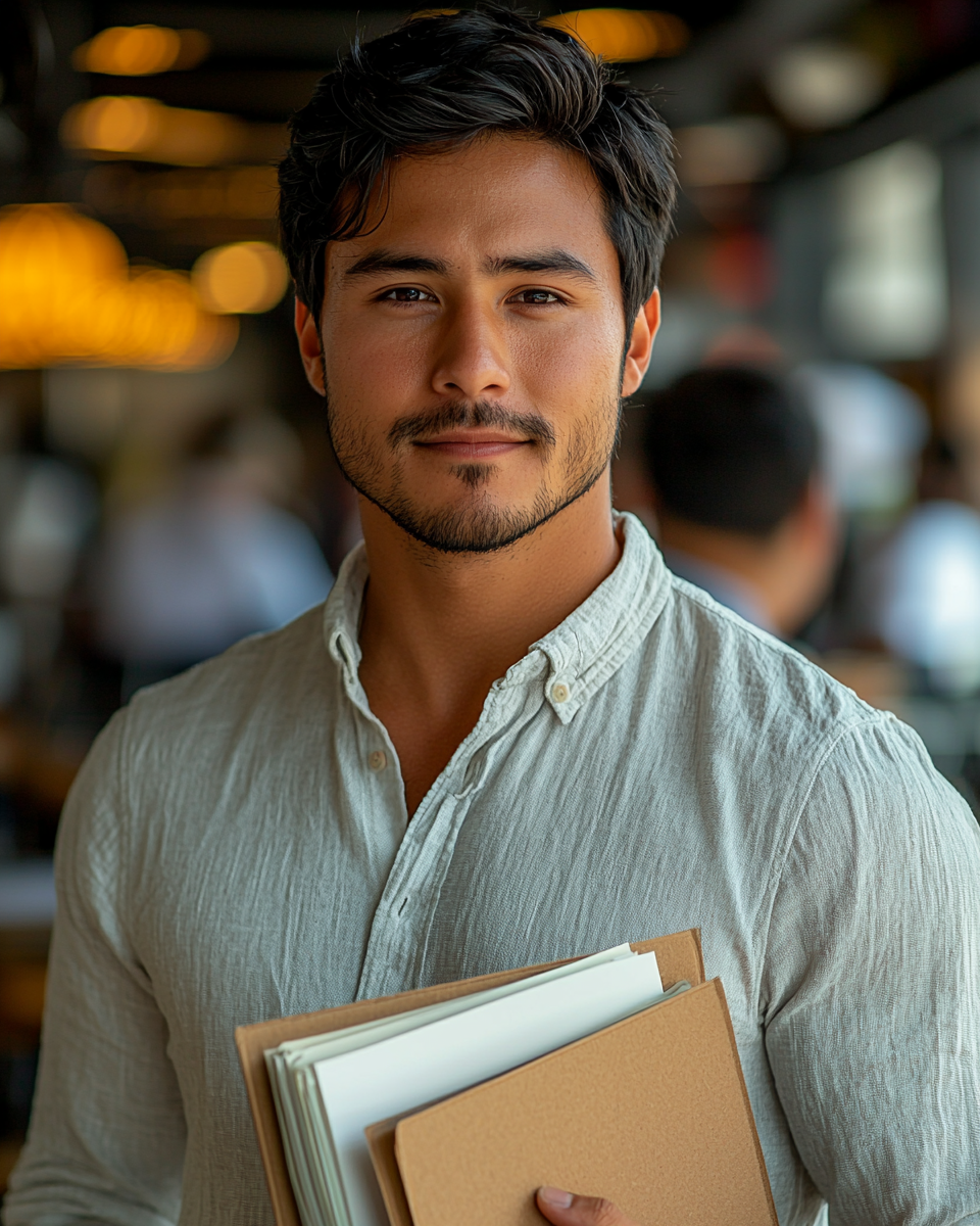 Hispanic Young Man in Office Environment Smiling Portrait