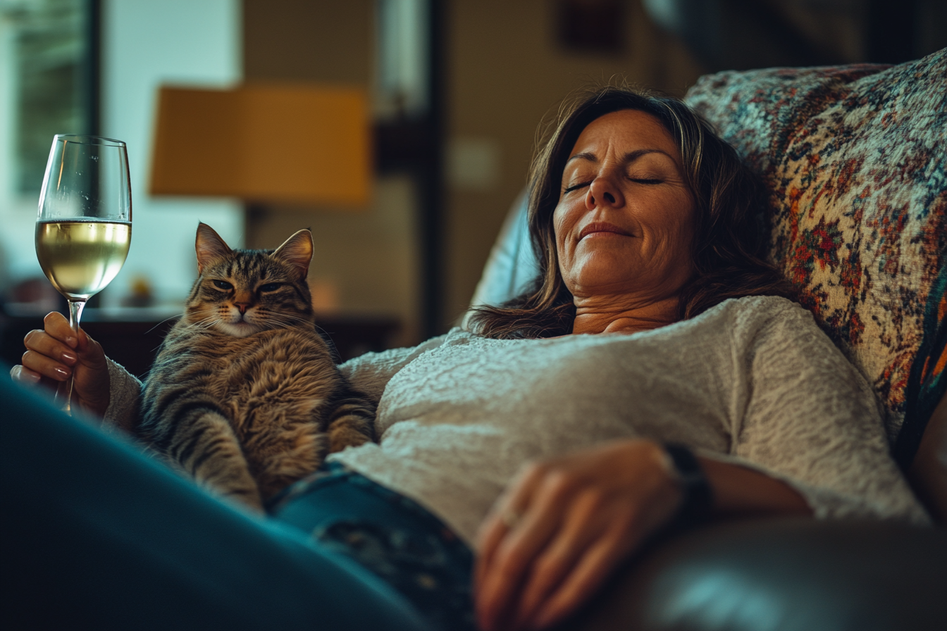 Hispanic woman relaxing with cat on couch, glass of wine.