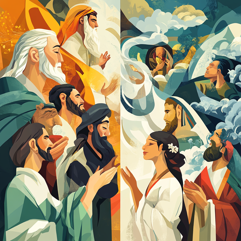 Historical figures Moses, Hannah, Elijah shown praying on timeline.