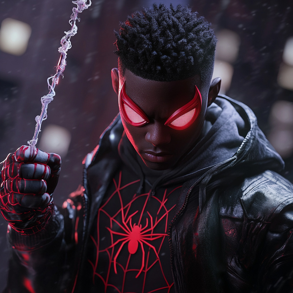 Homem-Aranha Miles Morales com casaco preto e katana.