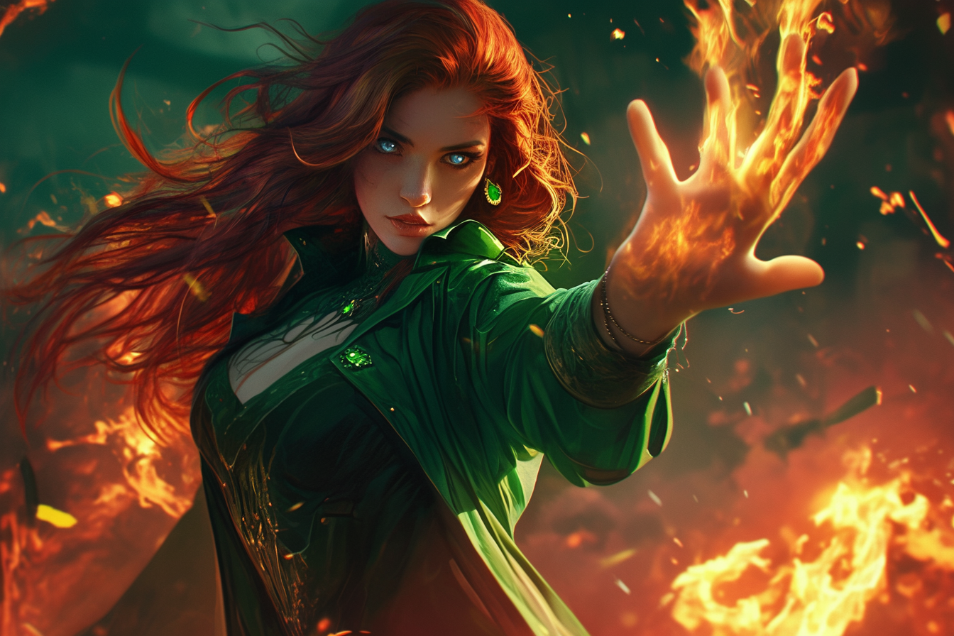 Horror art style woman in green coat shielded hand.