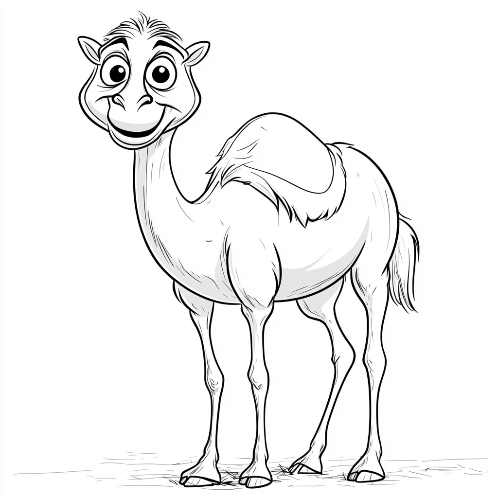 Humped dromedary coloring page for children, dreamlike Disney style.