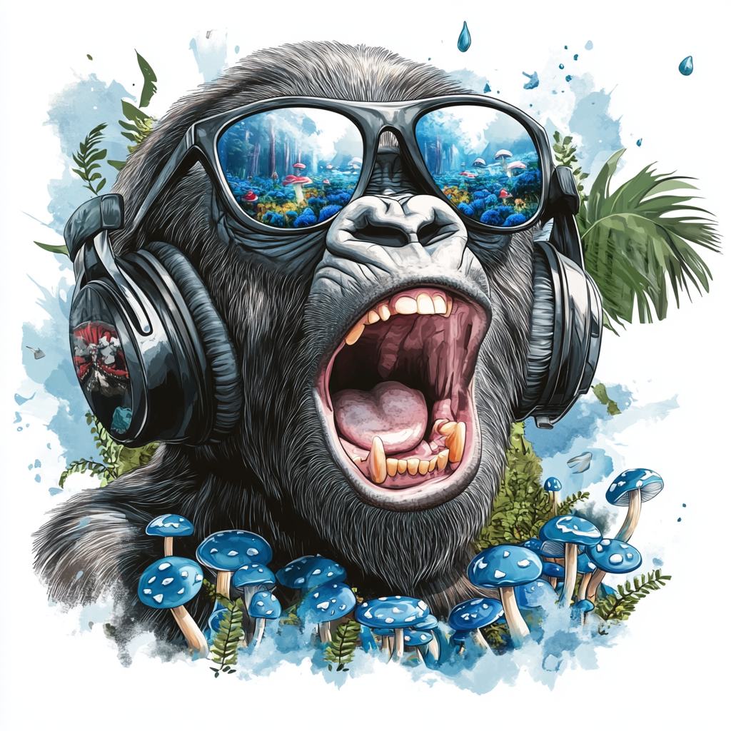 Hungry gorilla in sunglasses with mushrooms reflection on lens.