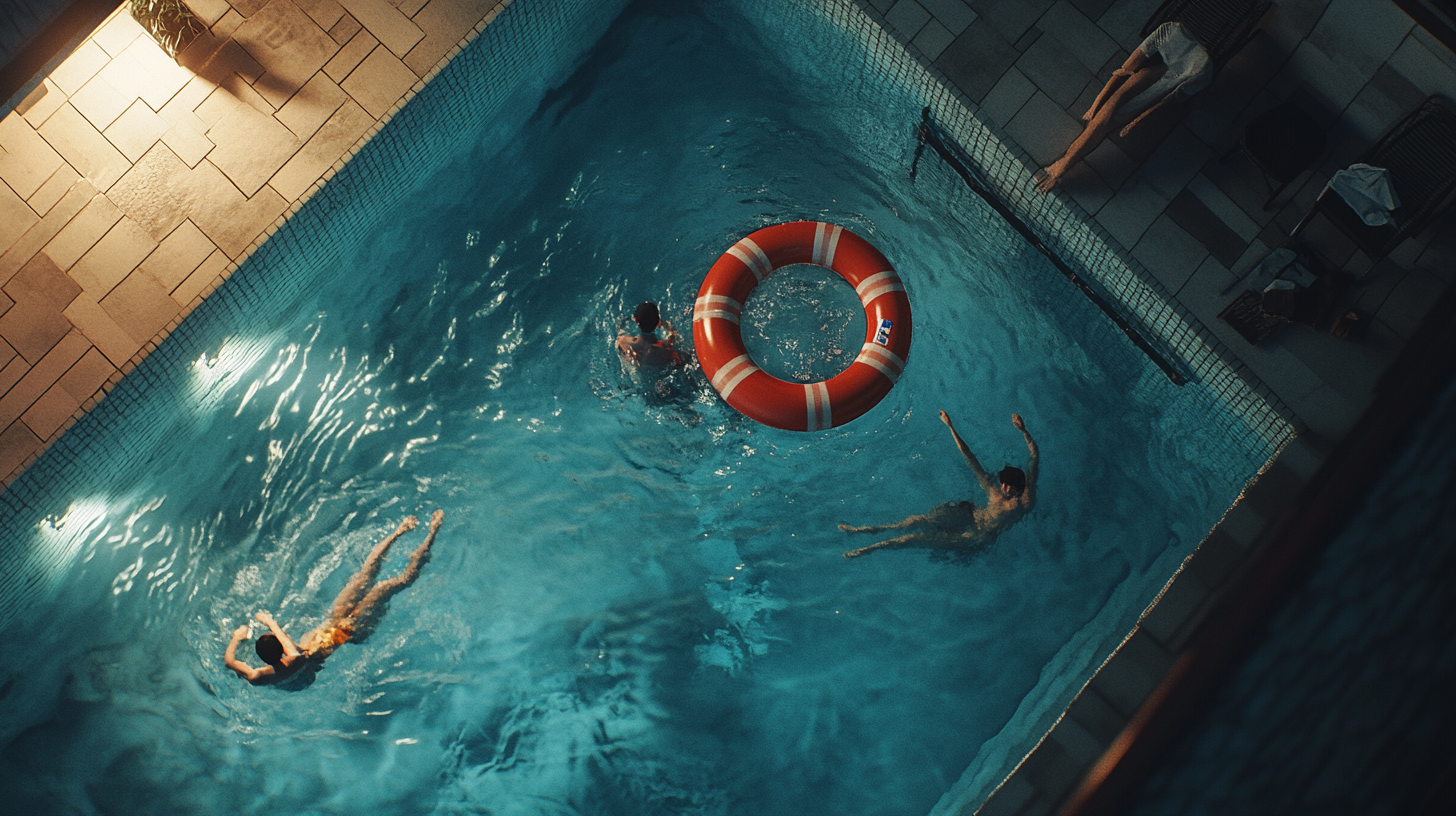 Hyper Realistic Sunset Pool Scene with Soda Can Life Preserver in 4K