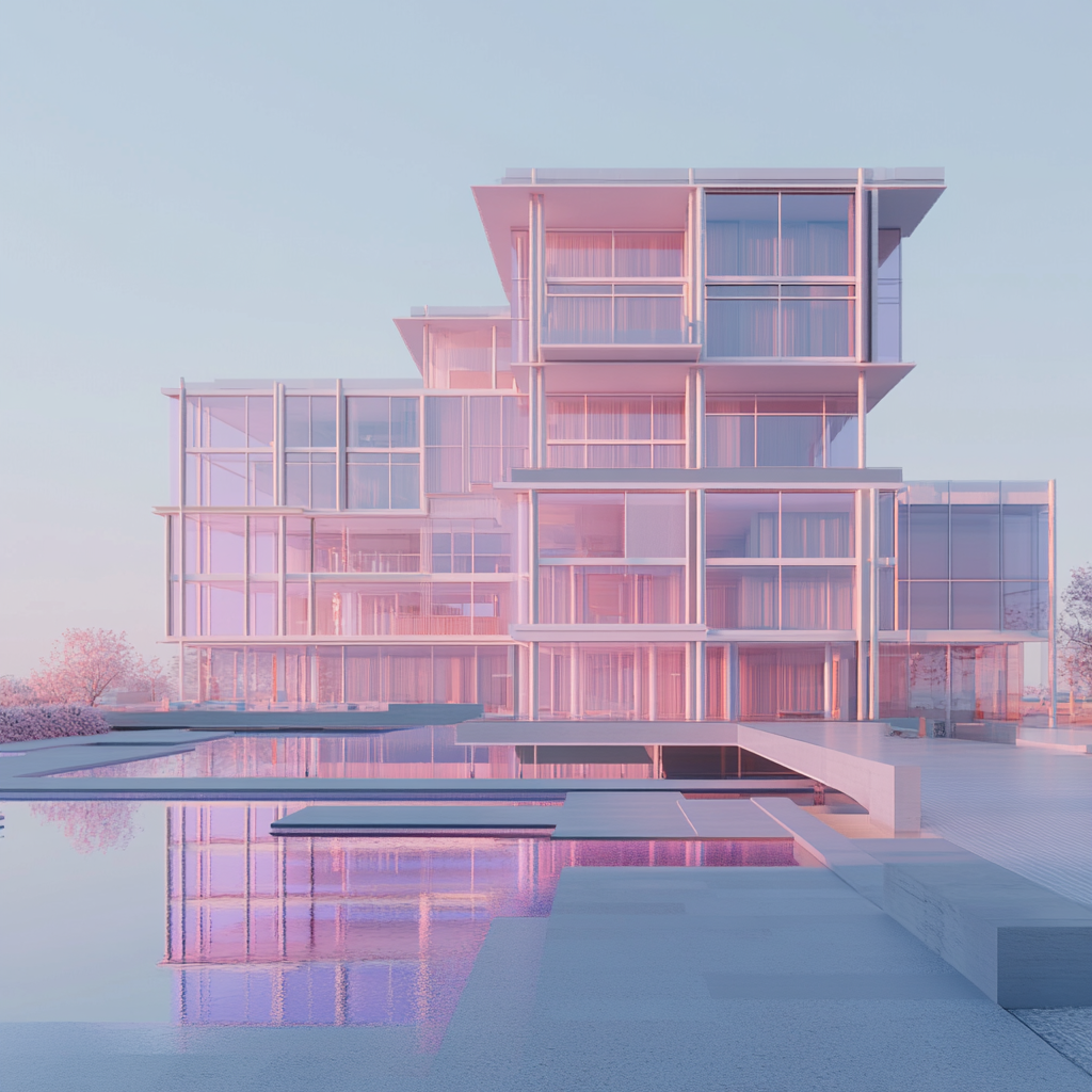 Hyper-realistic 3D modern hotel under construction, pastel colors.