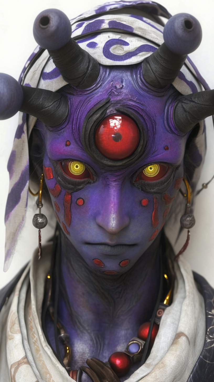 Hyper realistic humanoid Yojinbo with bright eyes portrait.