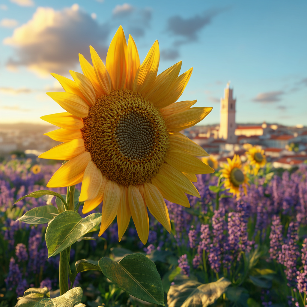 Hyper-realistic image of sunflowers with Lisbon landmarks, flora.