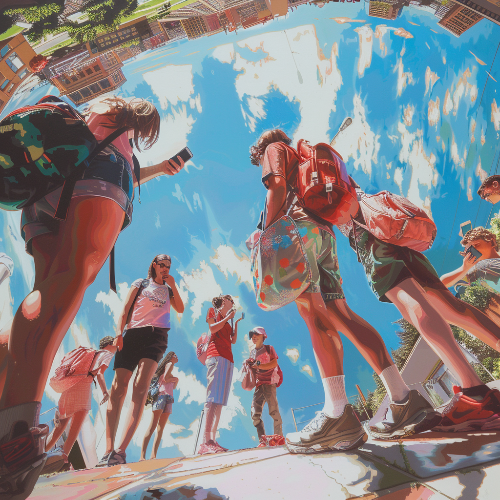 Hyper-realistic student 'geoselfies' in vibrant environment.