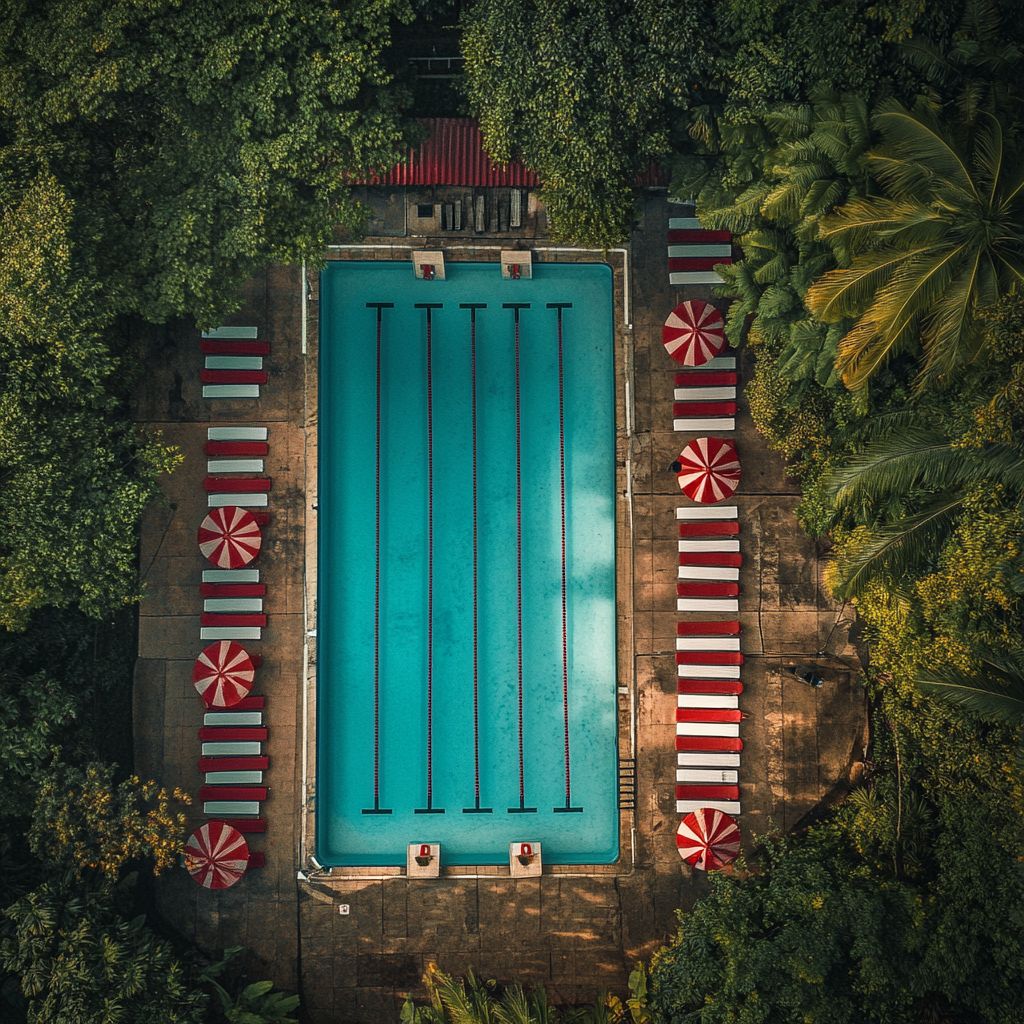 Iconic Olympic Swimming Pool in Amazon Jungle, Aerial Shot