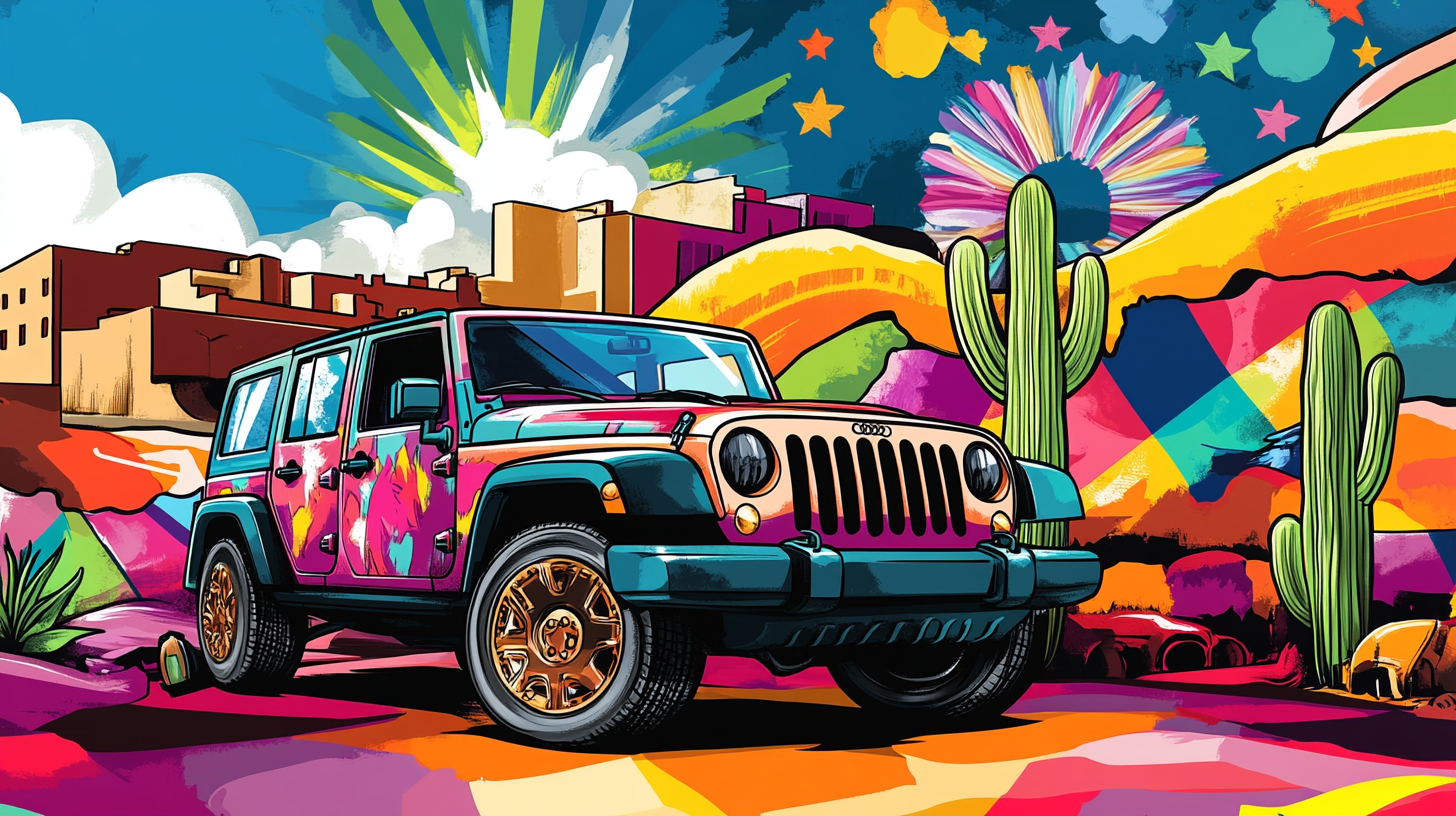 Illustrated Jeep Gladiator and Audi R8 parked together mural.