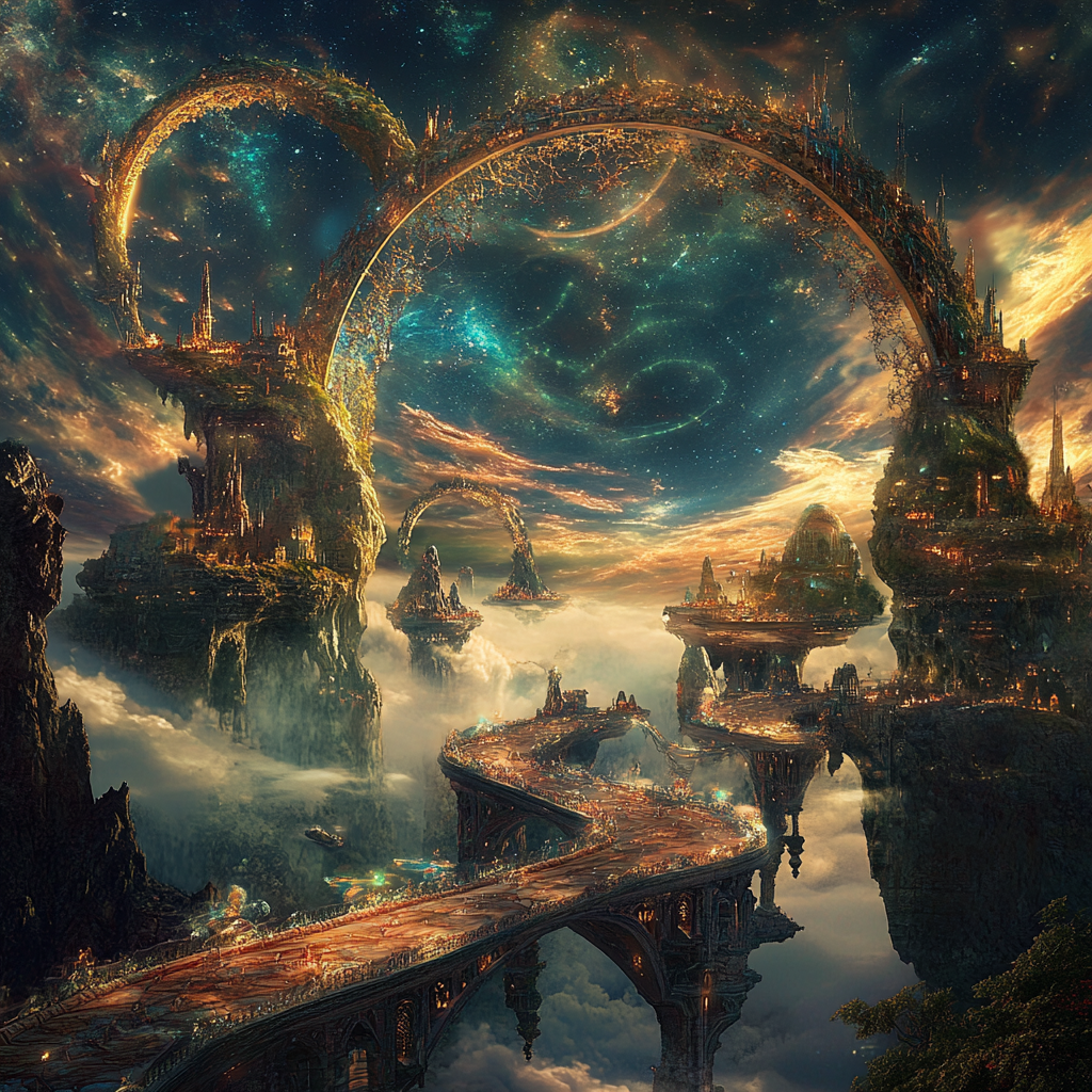 Illustrates traveling across dimensions with diverse surreal landscapes.