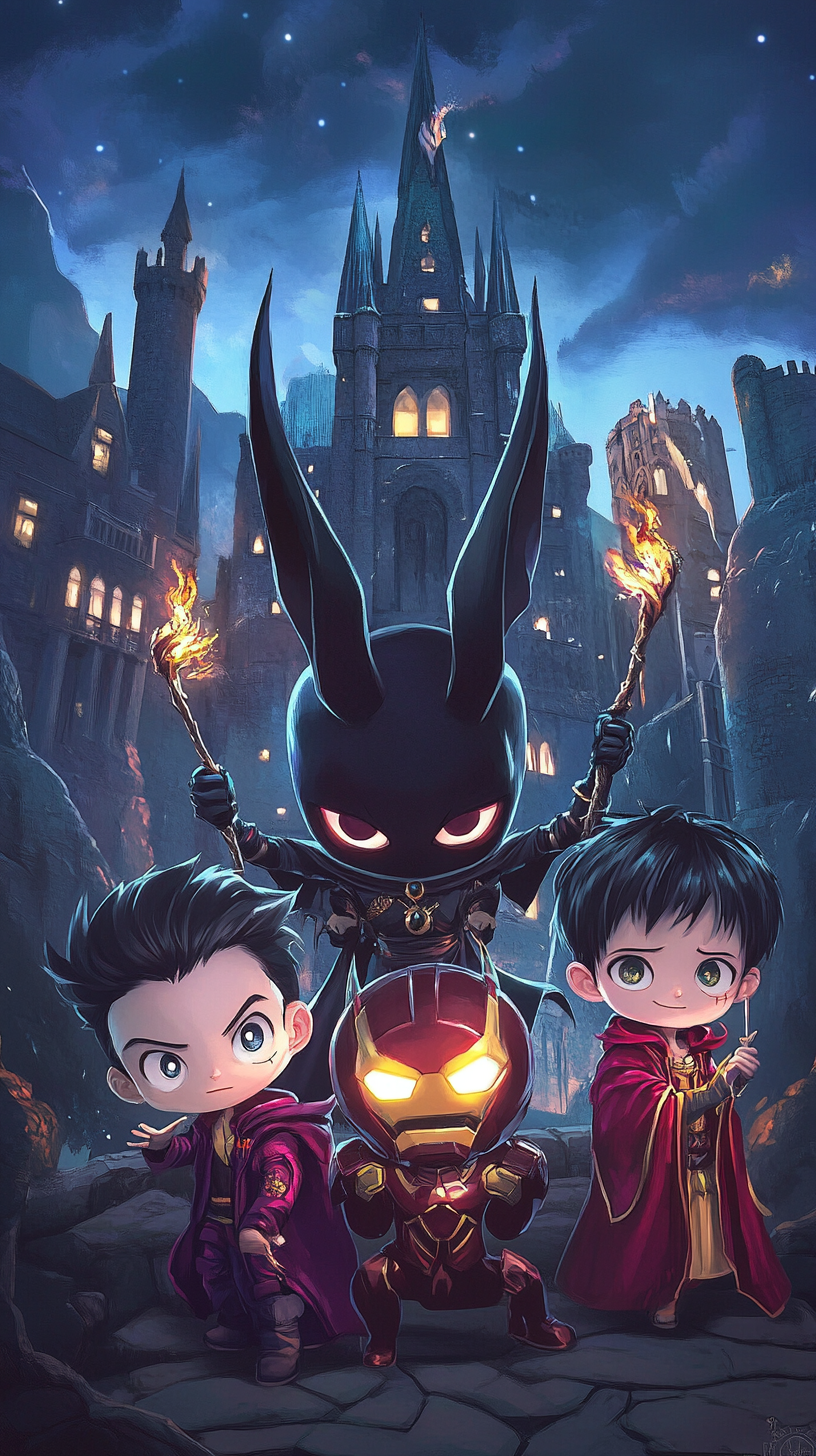 Illustration of Maleficent, Luffy, Iron Man, Jafar, Groot.