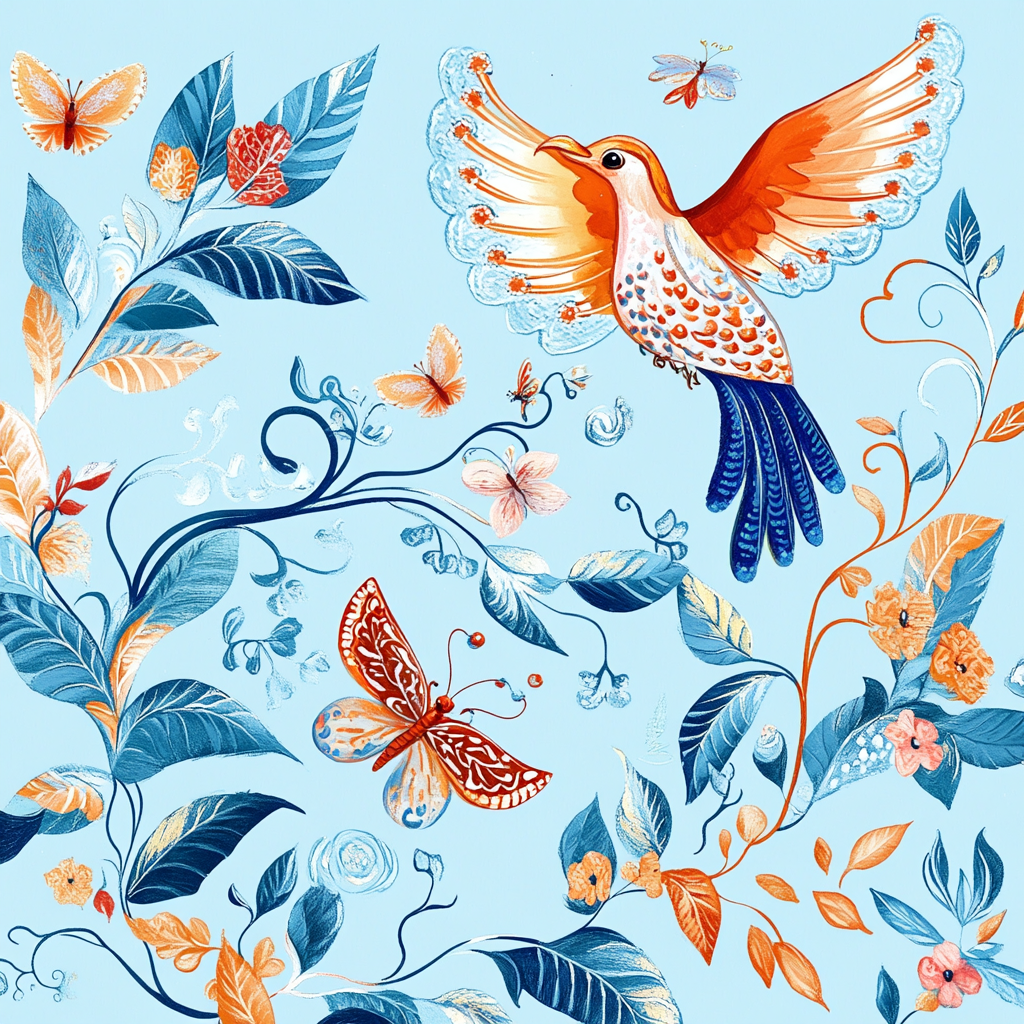 Illustration of colorful birds and butterflies among decorative leaves.