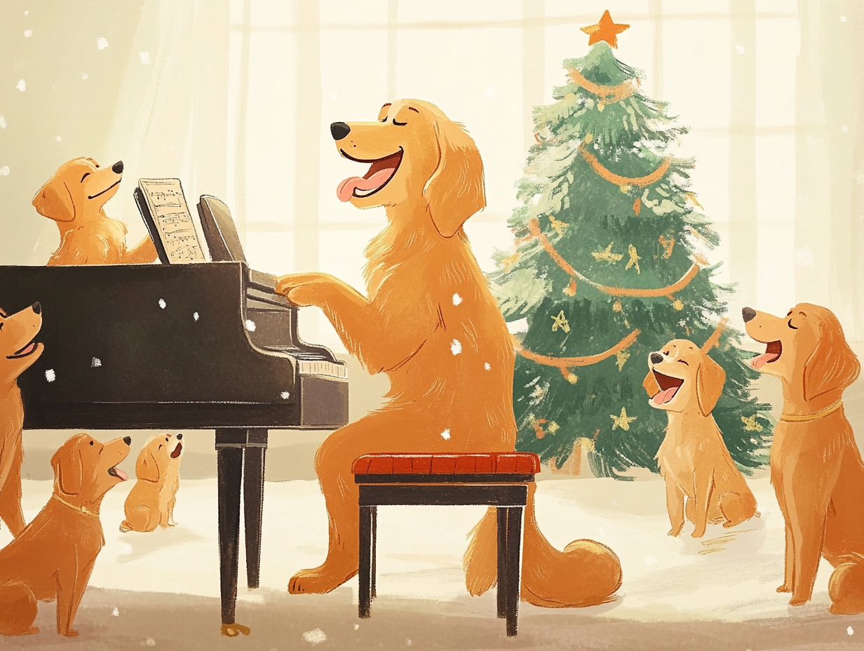 Illustration of dogs playing piano with other dogs singing.