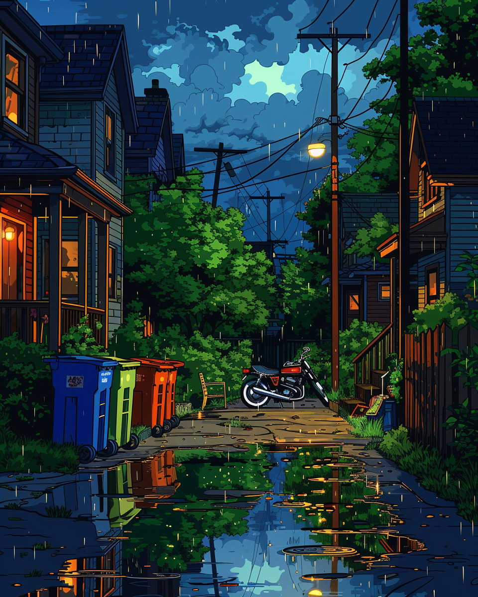 Illustration of narrow alley with motorbike, recycling bins, chair.