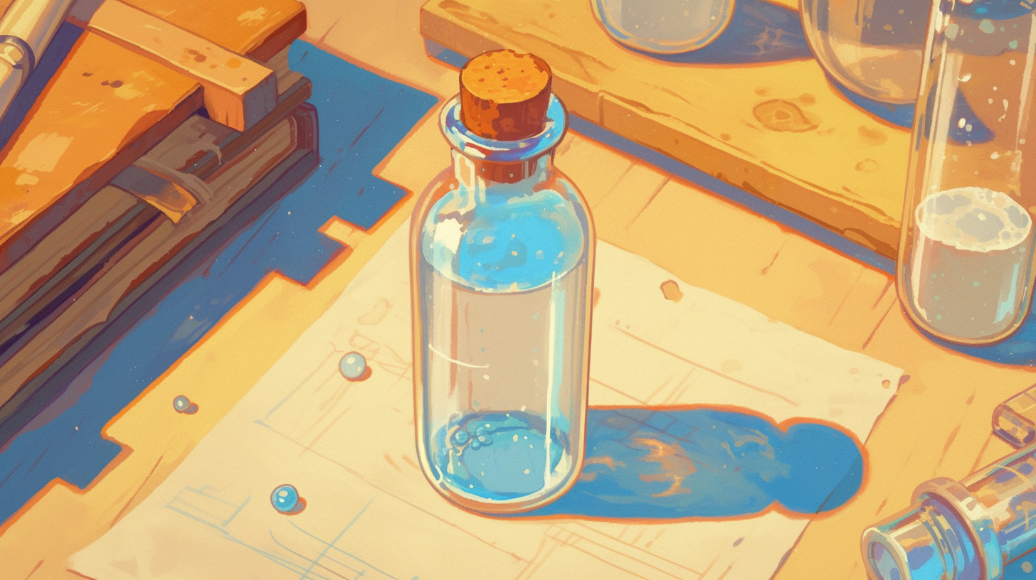 Illustration of water bottle, salt bag on table.