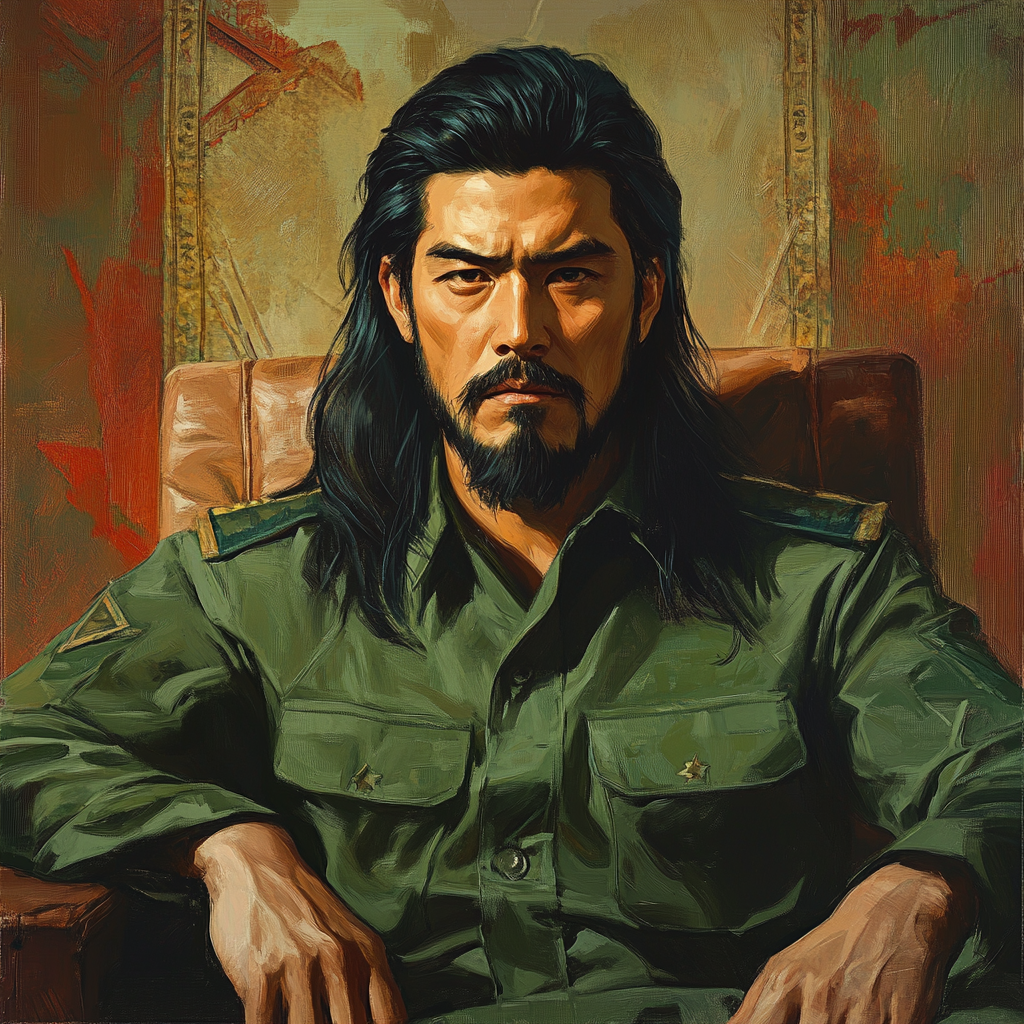 Illustration of young communist dictator in green army fatigues.