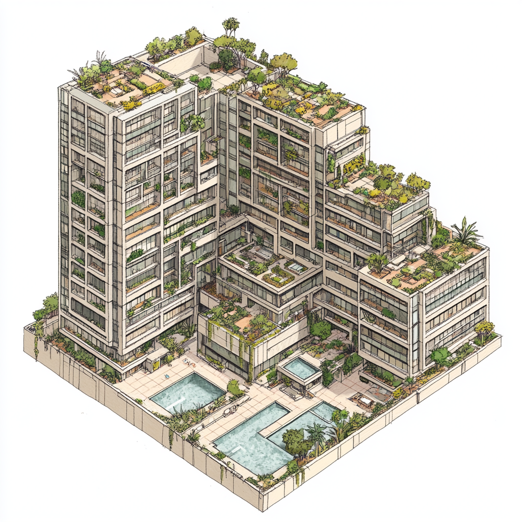 Image of building with plants on walls, multiple floors.