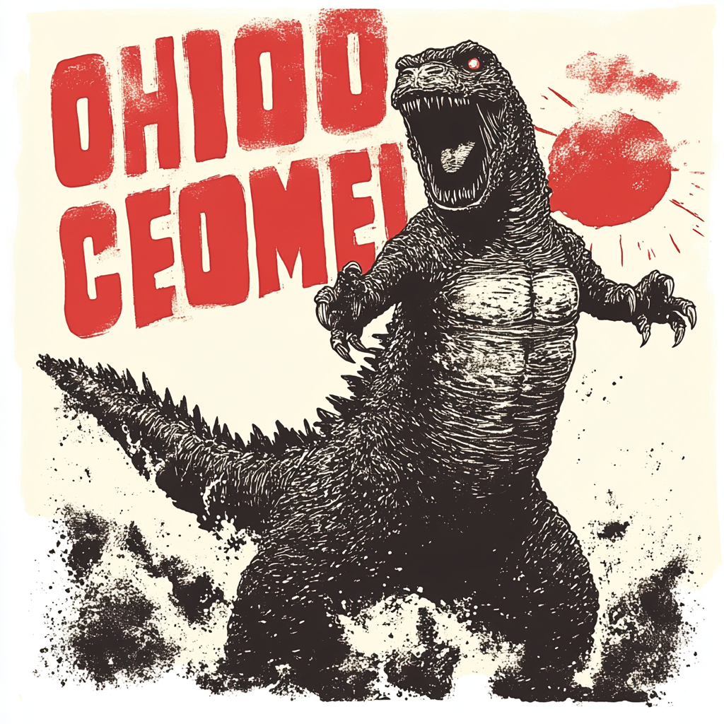 Image: Vintage-style 'Oh no, here comes Godzilla' movie poster.