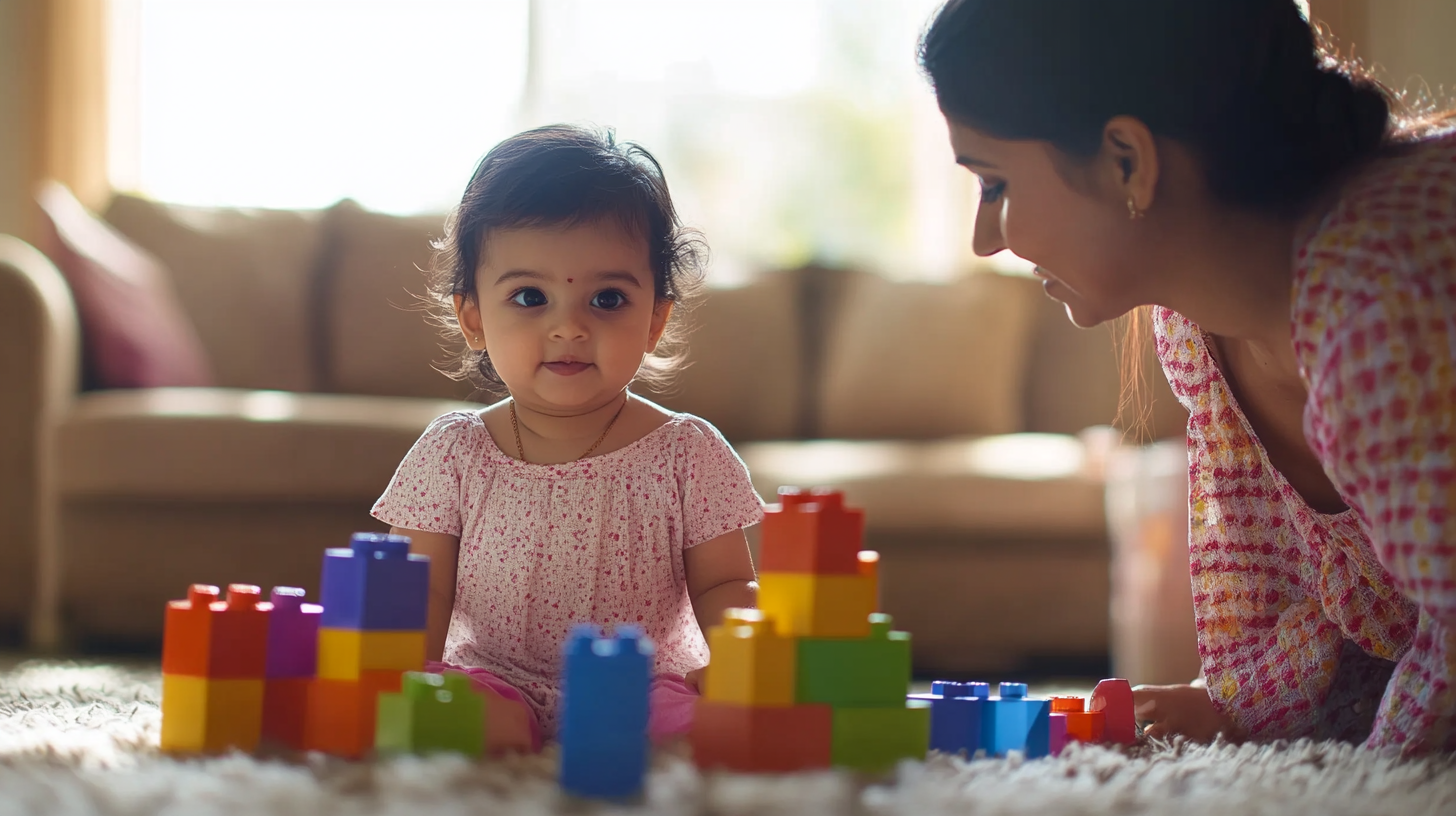 Indian baby playing, mother watching, high key lighting.