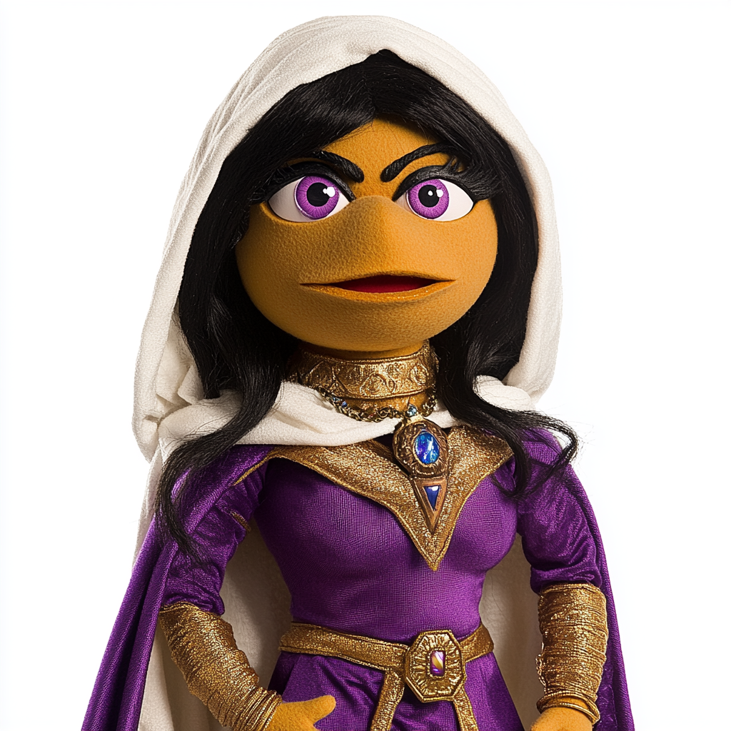 Indian woman puppet in purple superhero costume with cape.