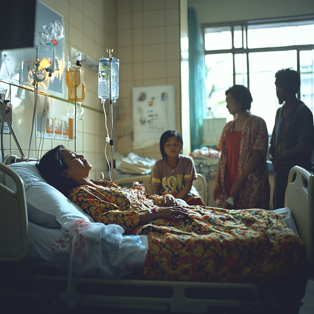 Indonesian lady on deathbed reaching out to sky.