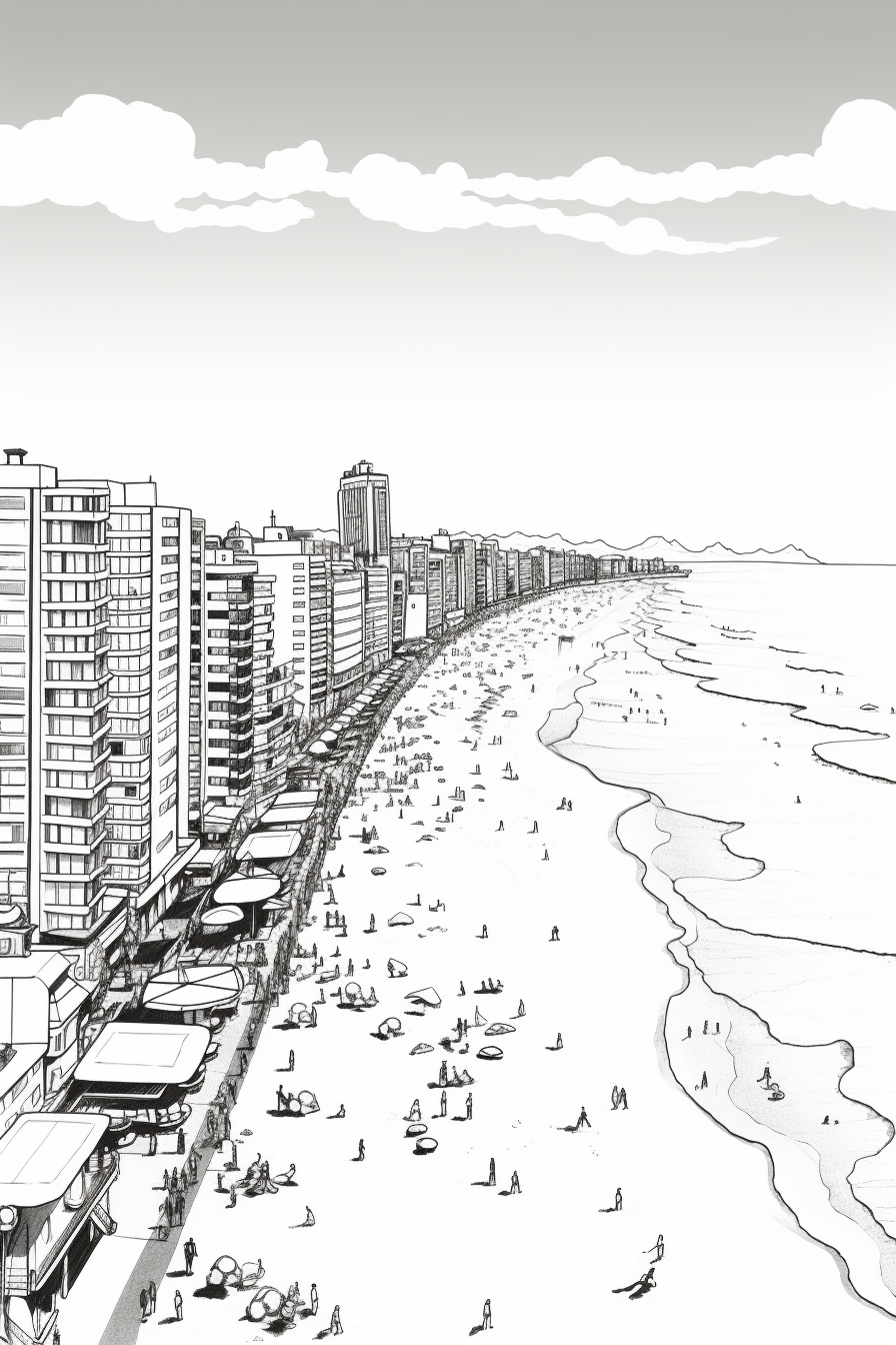 Ink drawing of Copacabana beach in Rio. Architecture.