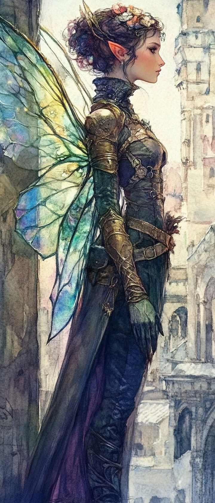 Insect-winged tinker in leather armor, eerie medieval city.