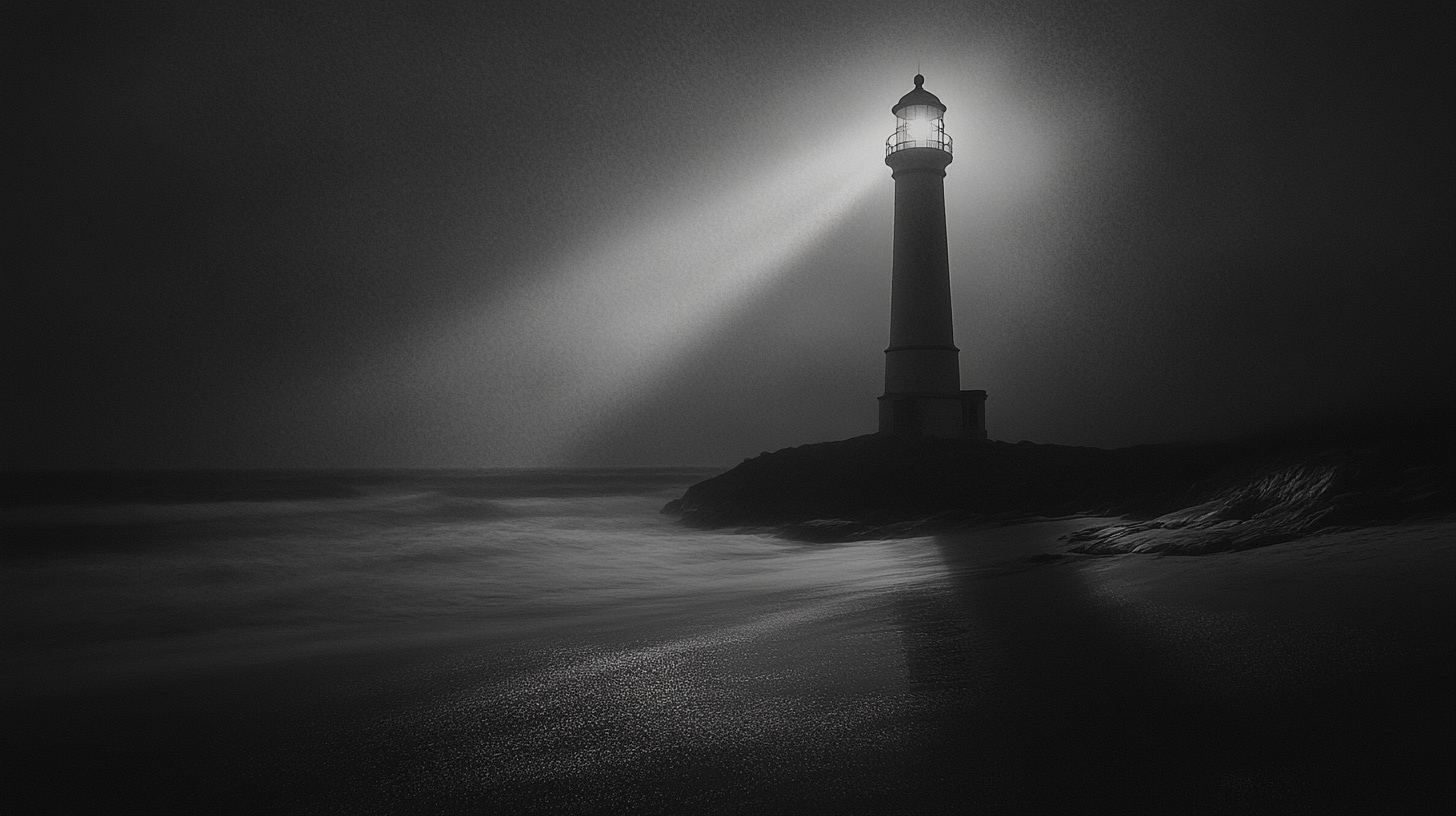 Intense black and white lighthouse close-up at night.