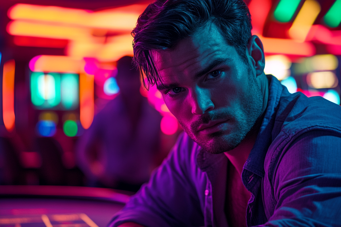 Intense man in casino, shadowy figure at poker table.