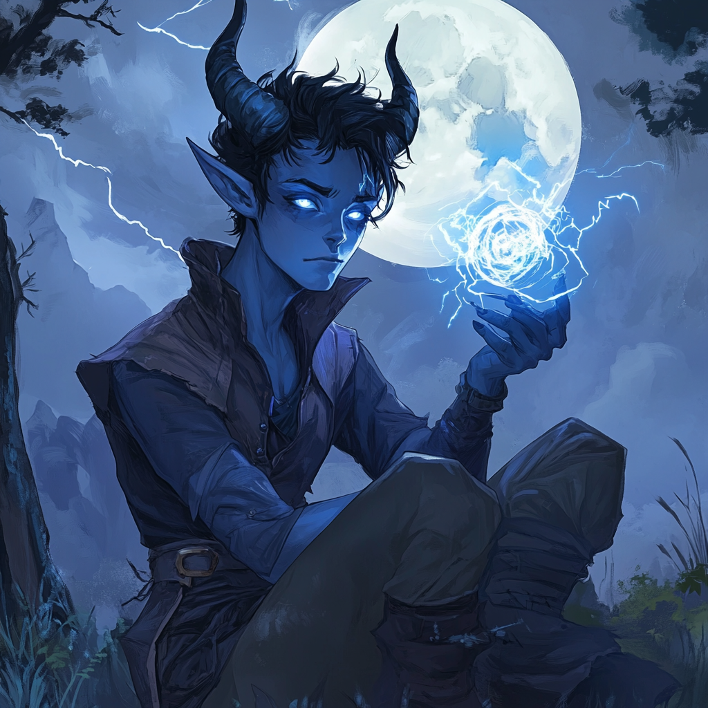 Intense tiefling storm sorcerer under moonlit sky with orb.