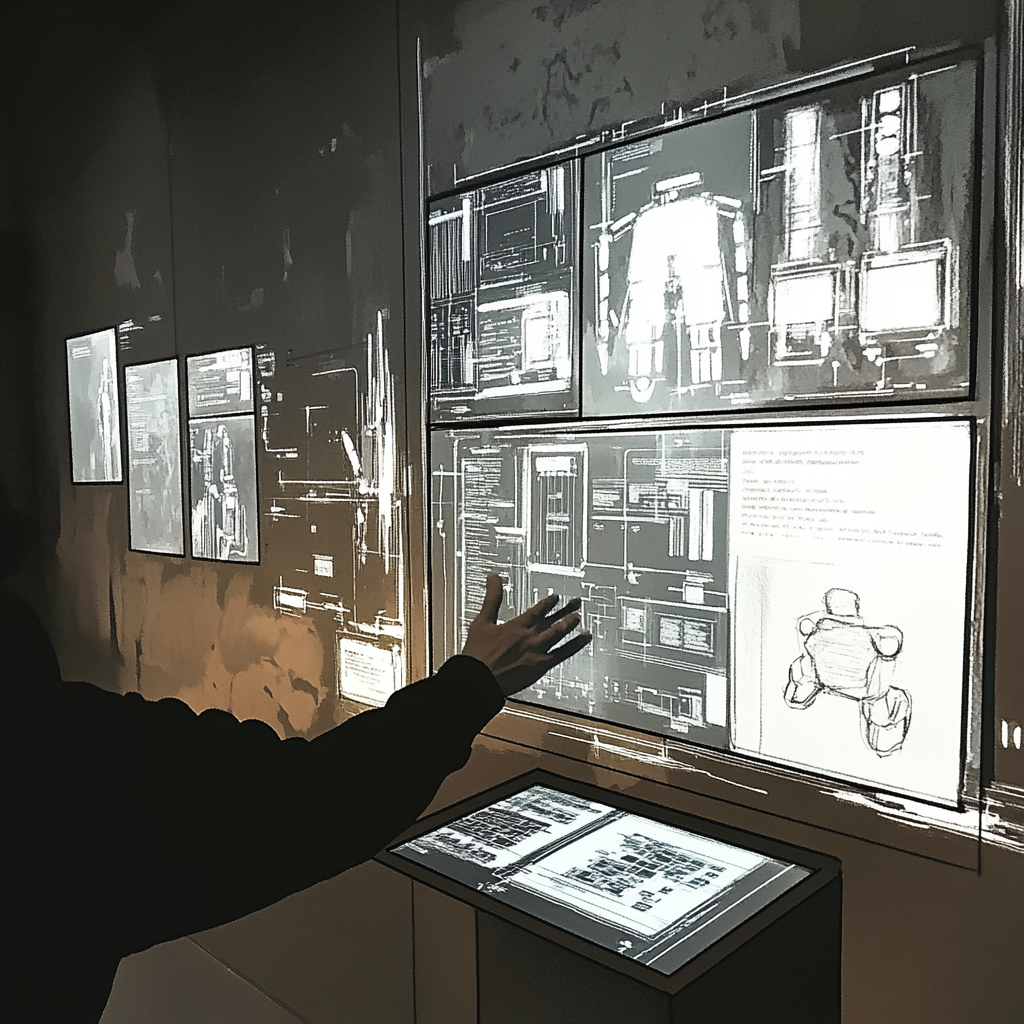 Interactive AI exhibit display with history sketch