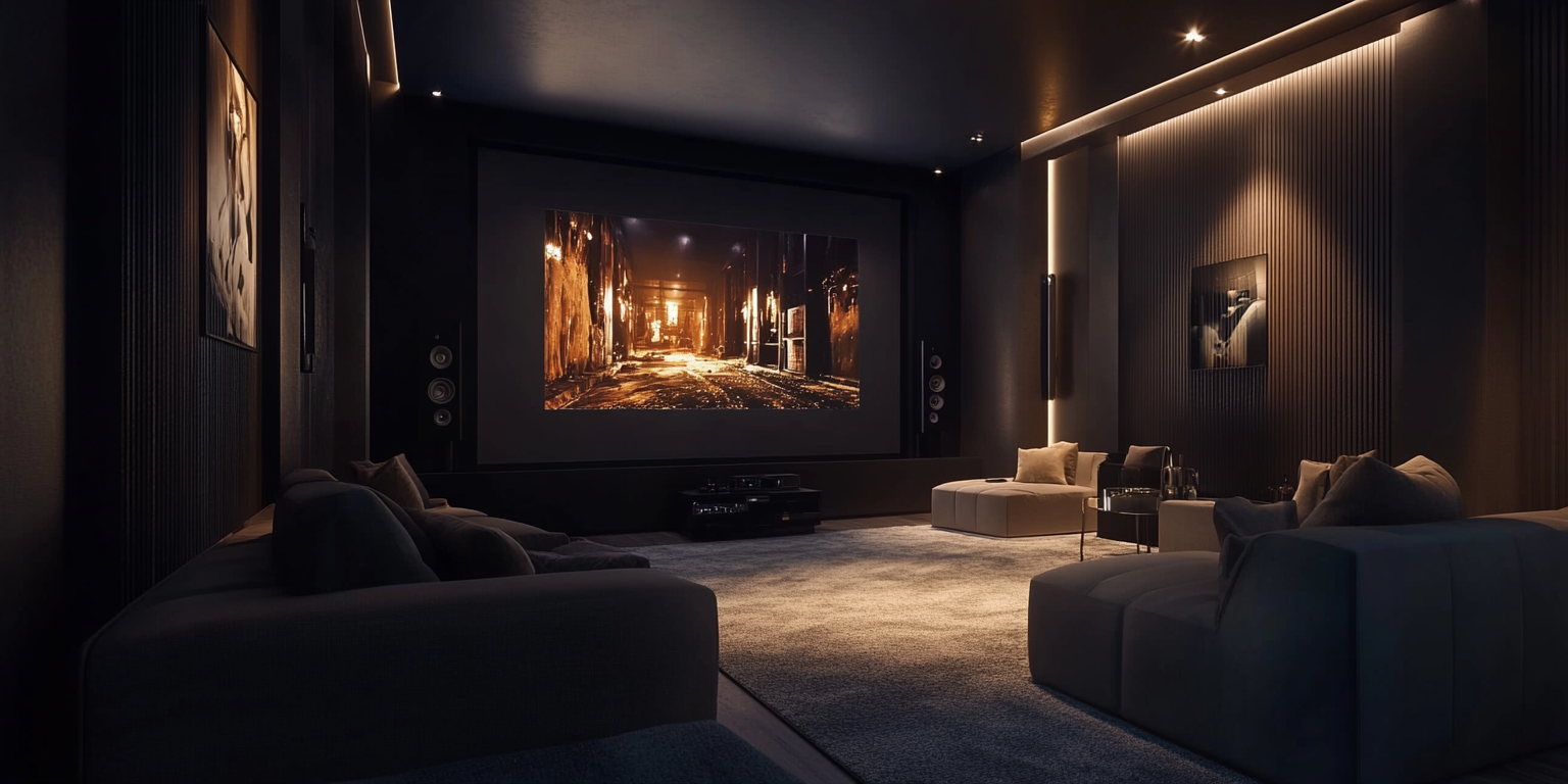 Interior design photography of high-end home cinema room.