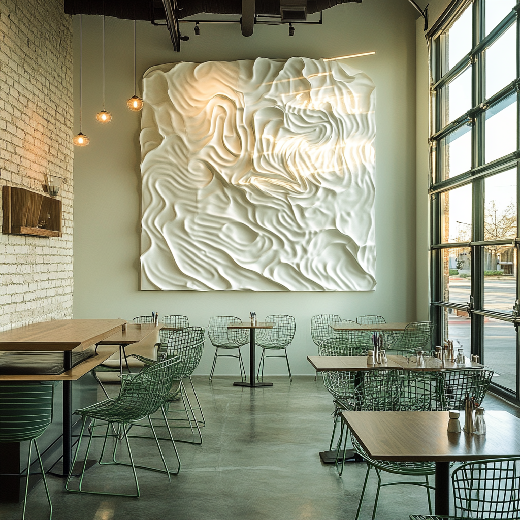 Interior photo of modern restaurant with wire chairs, art wall.