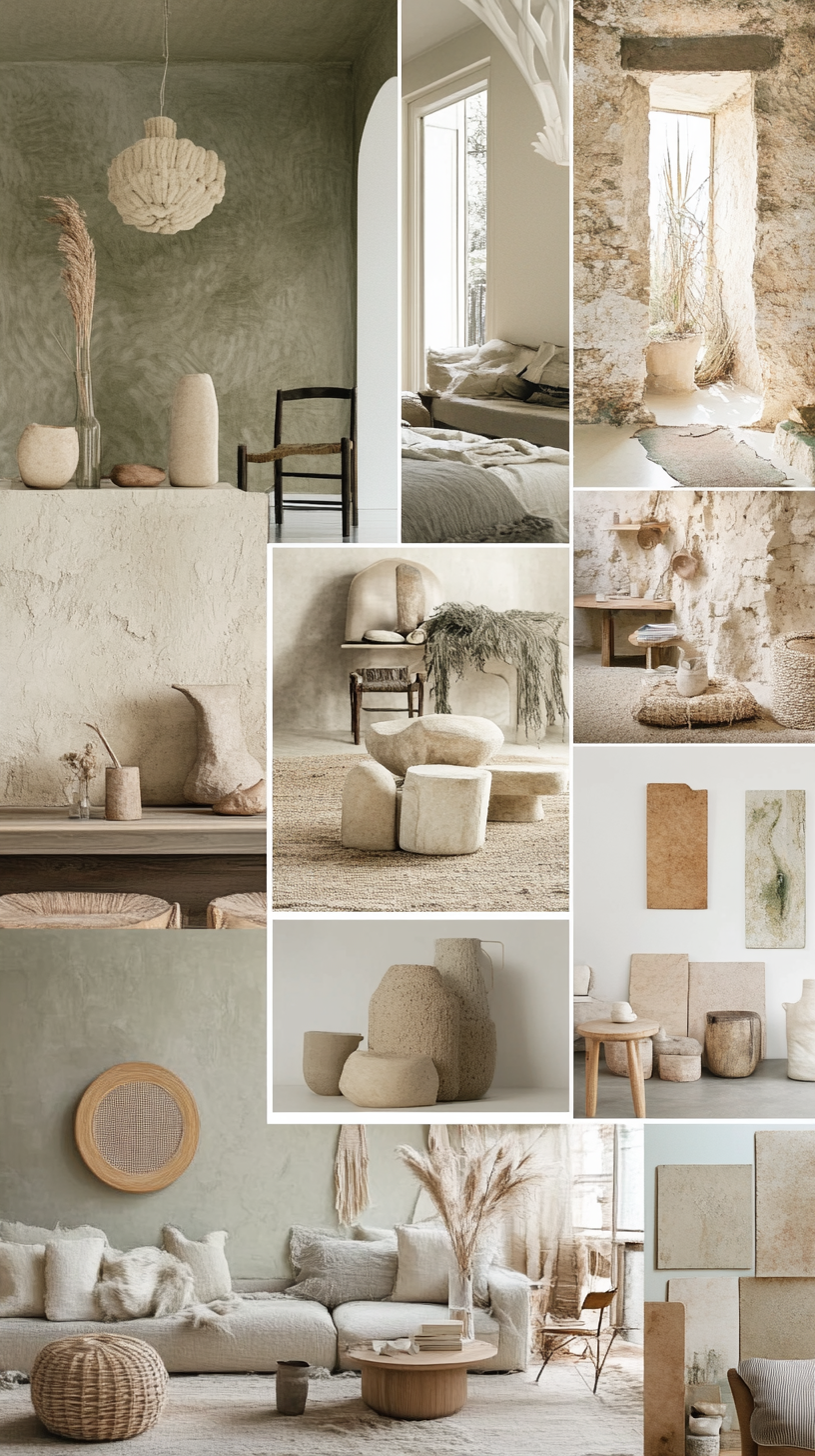 Interiors and decor moodboard with warm tones, boho style.