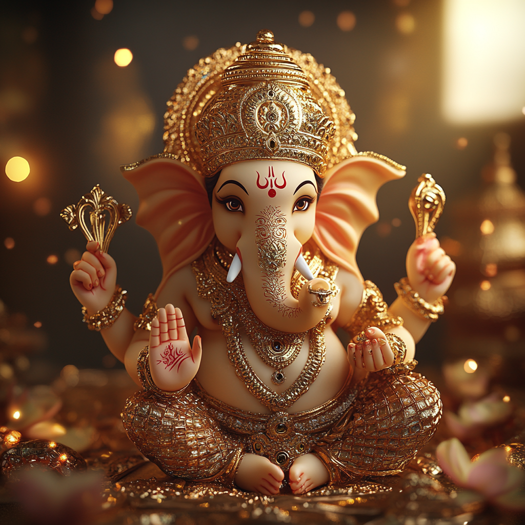 Intricate Lord Ganesha depiction with festive decorations.