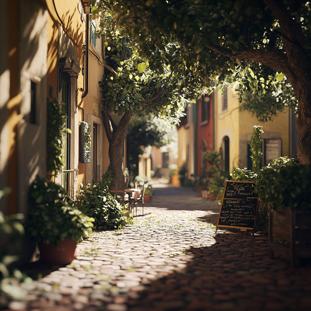 Italian street with tree shadows, pizza growing, soft lighting.