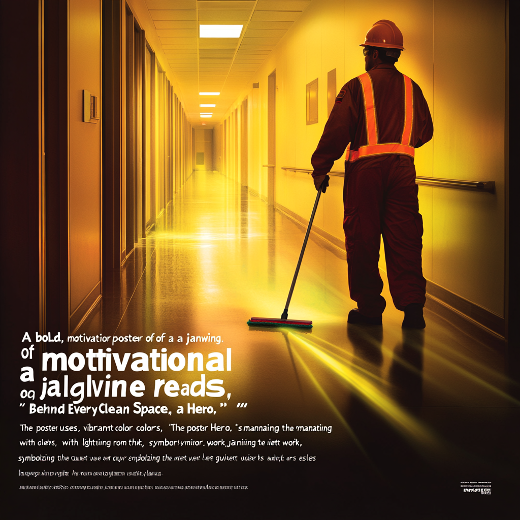 Janitor pushing mop in glowing hallway, 'Hero' tagline.