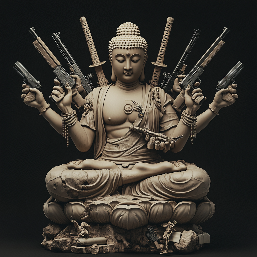 Japanese Buddha statue with multiple hands holding weapons photographed professionally.