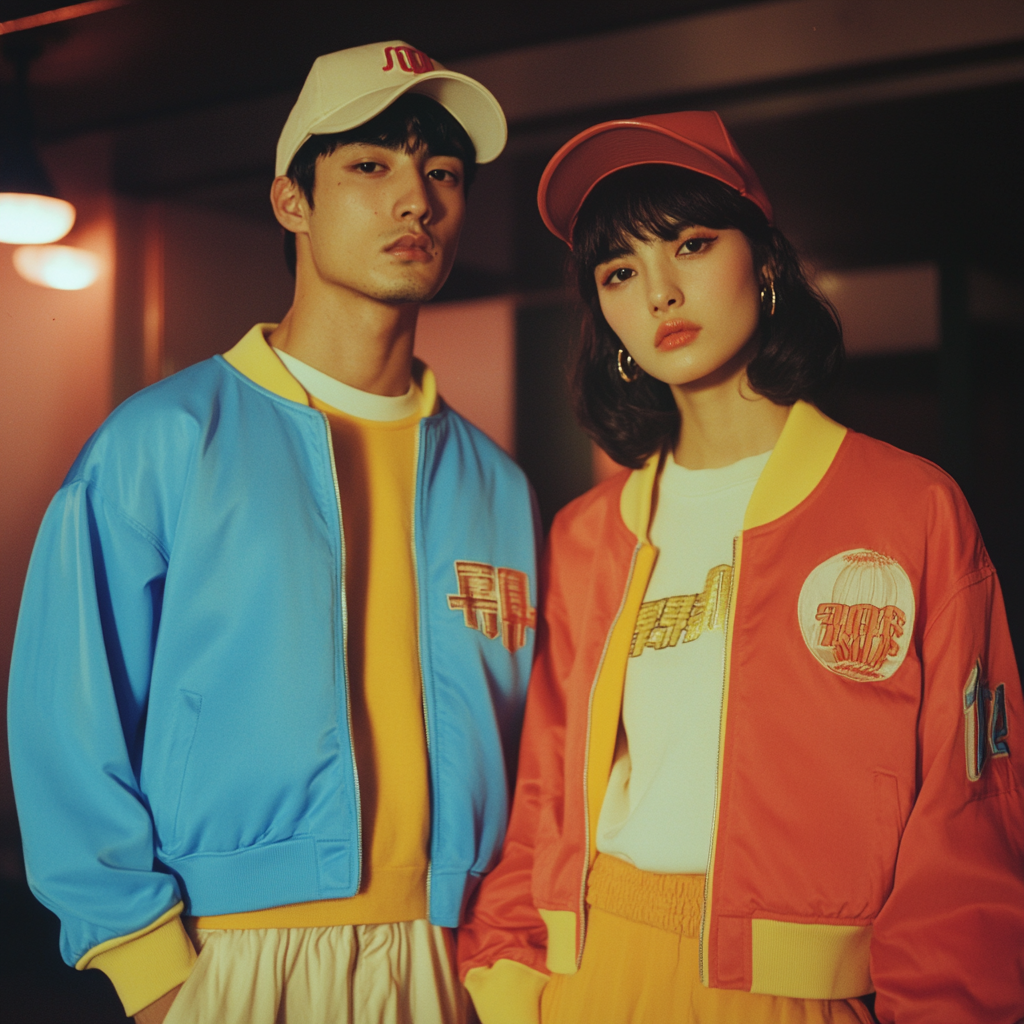 Japanese baseball inspired fall fashion line with neon lighting.