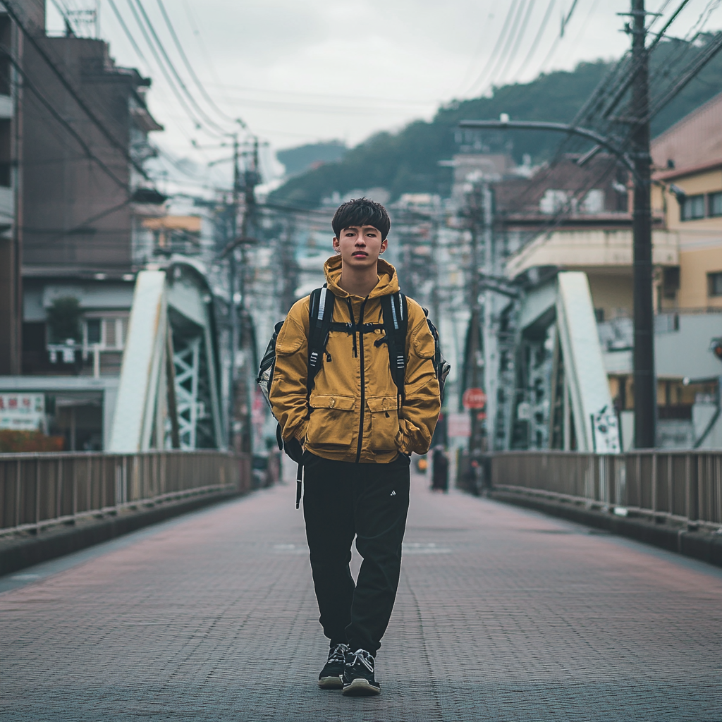 Japanese male student walks through Nagasaki streets in trendy outfit.