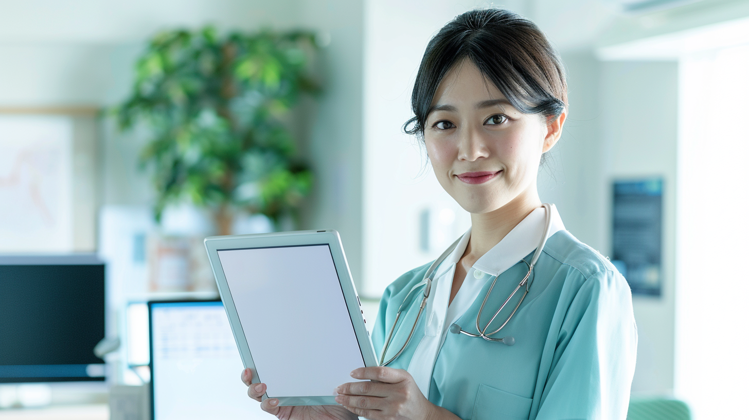 Japanese office worker with tablet and monitor at desk.