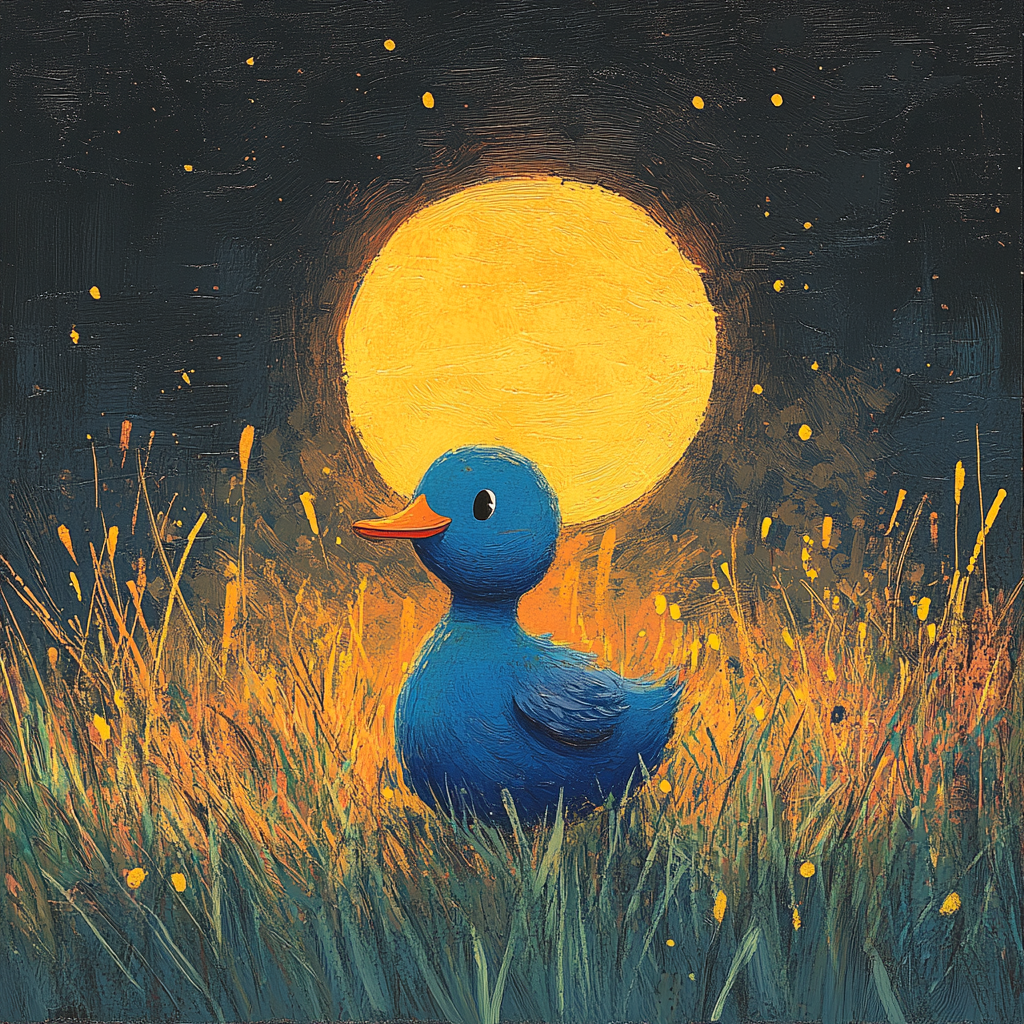 Japanese style card with moon, duck on grassland, midnight.