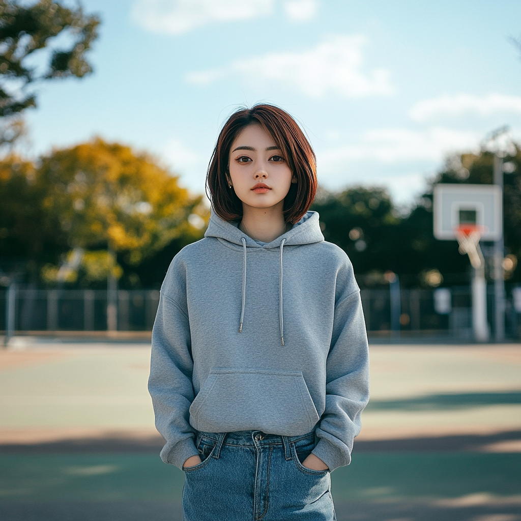 Japanese woman with short rusty hair posing outdoors.